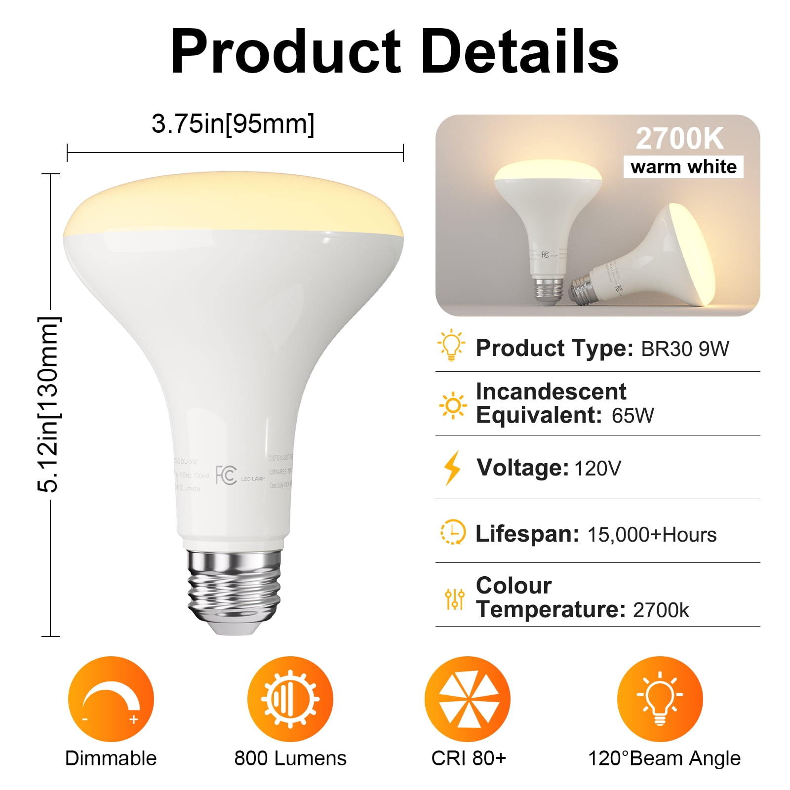 TJOY 12 Pack BR30 Led Bulbs 65W Equivalent, Dimmable Indoor Flood Lights Bulb, E26 Base, 2700K Soft White, 9W, 800 LM, Recessed Lighting Bulb for Ceiling, Recessed Can, Living Room and Kitchen