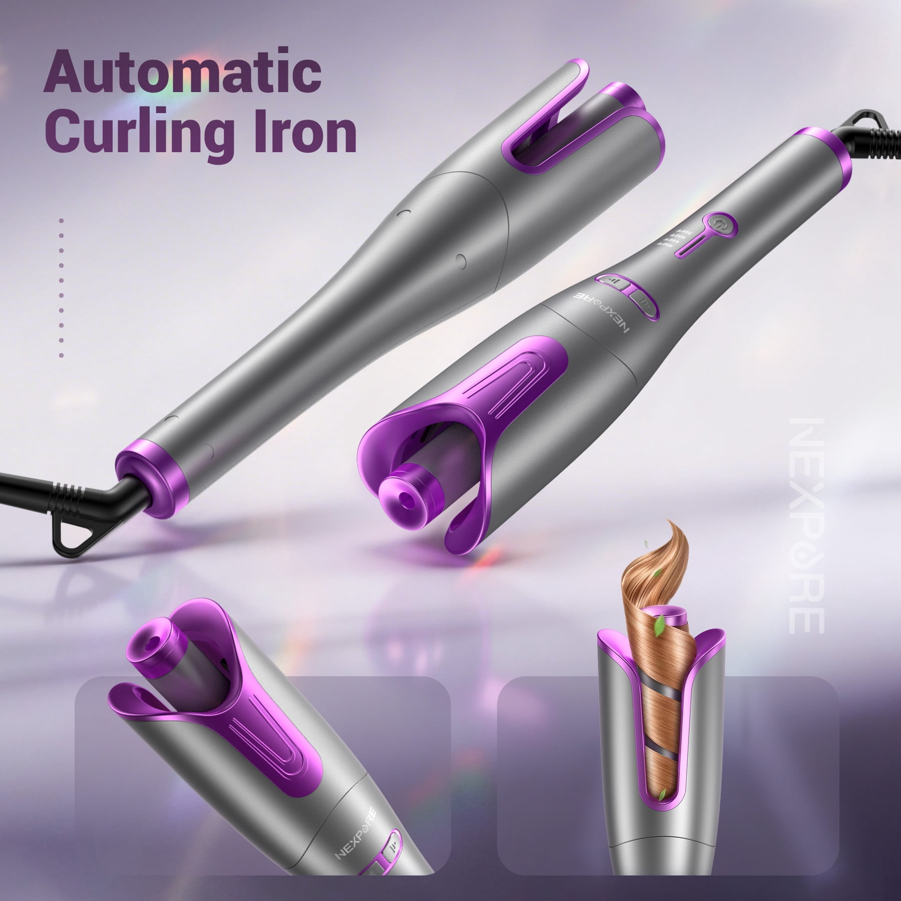 NEXPURE Automatic Curling Iron, 1" Ionic Deep Waver Hair Curler Tool, Ceramic Coating, Fast Heating, Dual Voltage, Anti-Scald, Purple