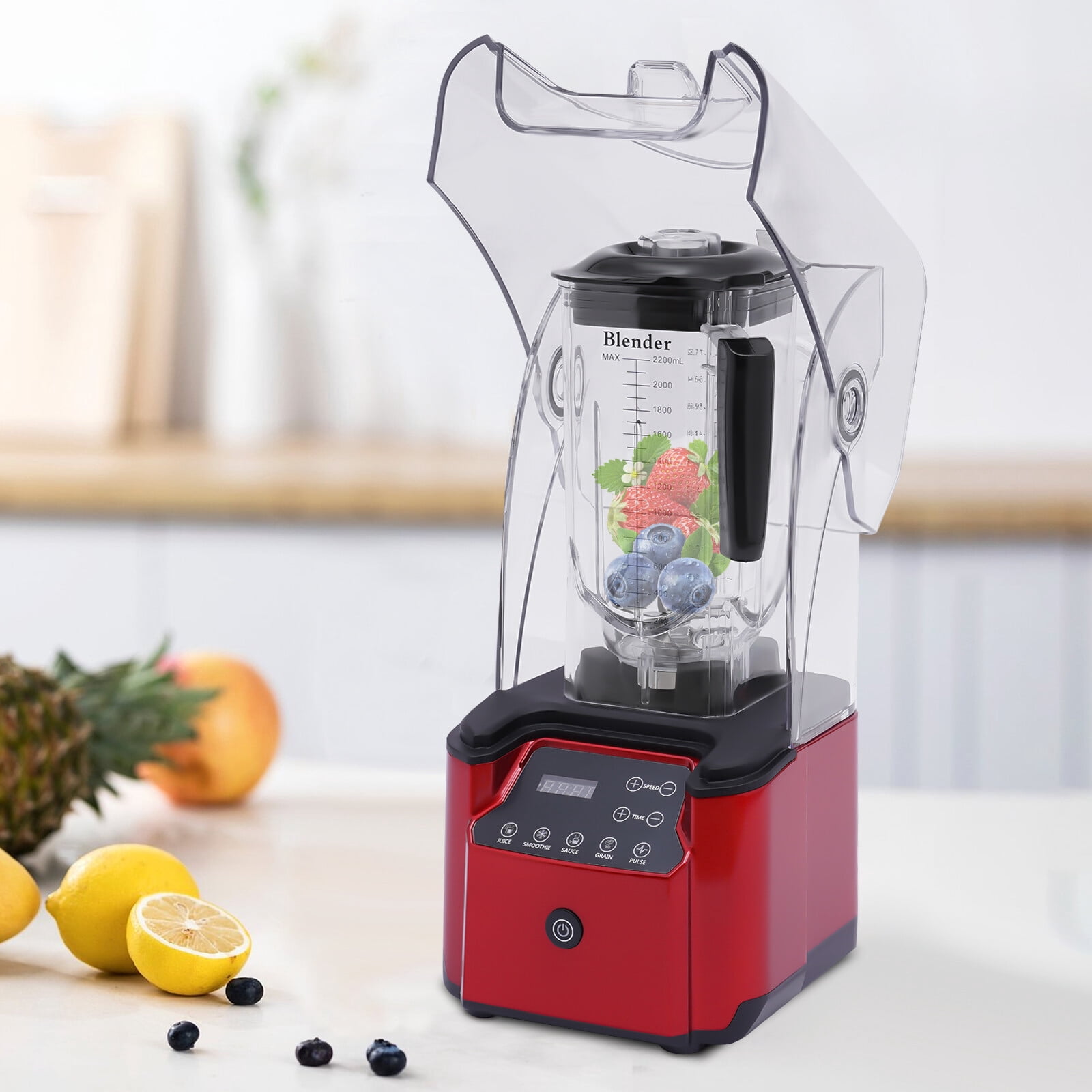 Smoothie Blender, Commercial Soundproof Milkshake & Smoothie Maker with Timer, 110V, Touch Control, PC Cup, for Shakes, Smoothies, Frozen Drinks, Red, Heavy Duty, Restaurant, Cafe Use