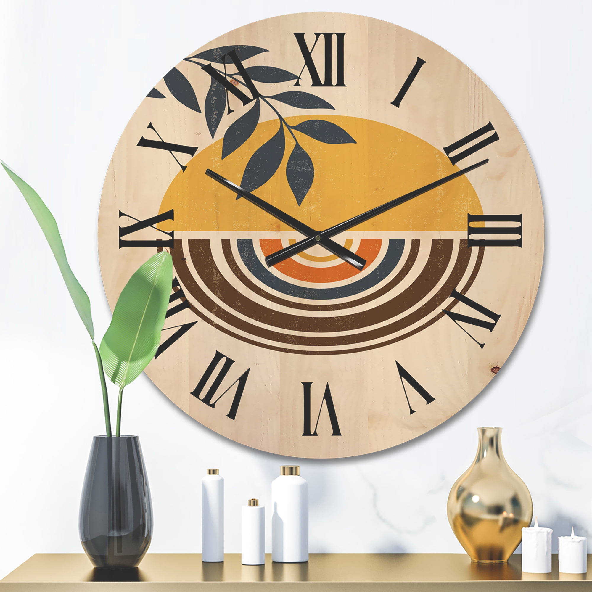 Designart 'Abstract Sun and Moon Leaves ' Modern Wood Wall Clock