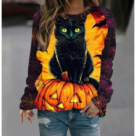 VKOYWKM Halloween Sweatshirts for Women Black Cat Sweatshirt Spooky Graphic Sweatshirts Long Sleeve Crewneck Sweatshirts Fall Pullover
