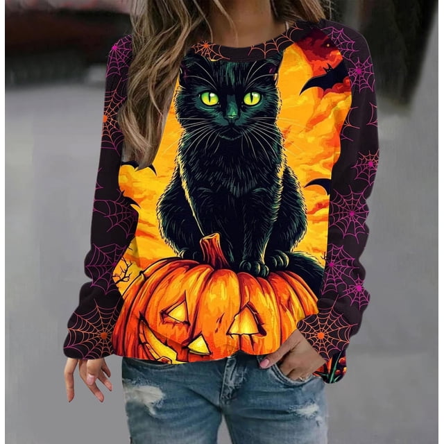 Pisexur Chemise à Manches Longues pour Femmes, Tissu de Haute Qualité, Hauts pour Femmes, Chandail en Molleton Imprimé Halloween, Col Rond Ample Multicolore, G