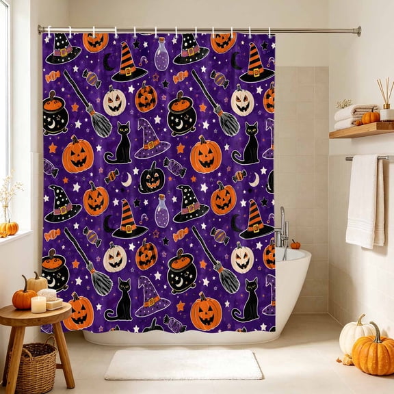 Shower Curtain,Halloween Pumpkin Black Cat Waterproof Shower Curtain Set with Hooks for Bathroom Showers,Stalls and Bathtubs,36x72in,Wizard Hat Retro Broom