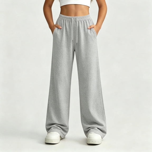Ynynloco Girl's High Waisted Wide Leg Sweatpants Baggy Pants Teen Casual Loose Pants School Straight Leg Trousers Elastic Waist Drawstring Pockets 5-14Y