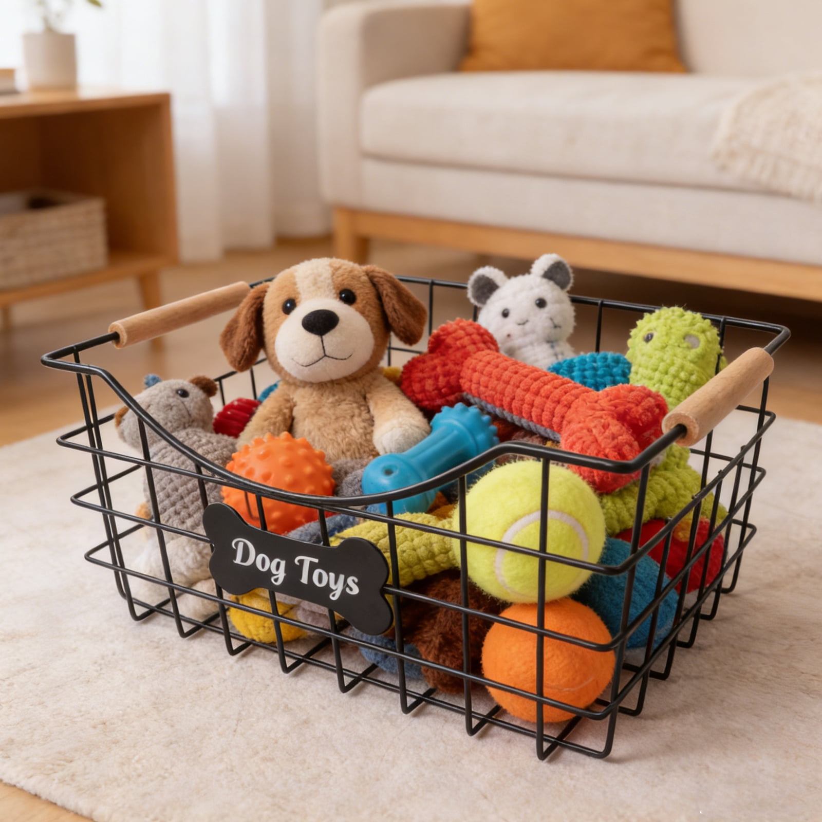 Brabtod Metal Wire Dog Toy Storage Basket - Rectangular Large-Capacity Organizer with Wooden Handles for Pet Toys, Treats, Leashes & Plushies