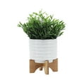 thumbnail image 6 of Modern White Ceramic Planter with Wooden Stand - Textured Ceramic Indoor Plant Pot for Home & Garden Decor - 8 Inch, White, 6 of 10