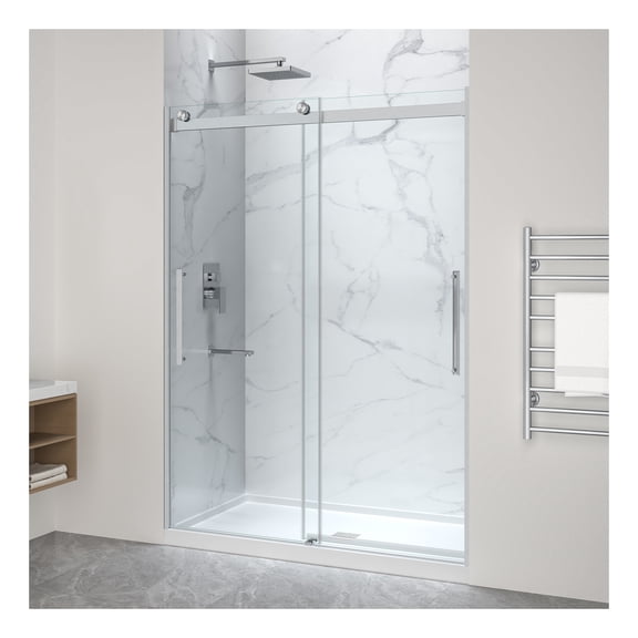 Stellar Series 76 in. x 57-60 in. Sliding Frameless Shower Door in Brushed Nickel with Alcove Center Drain Shower Base