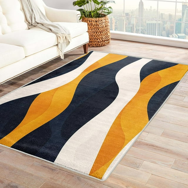Geometric Area Rug for Bedroom - 5x8 Rug, Abstract Yellow Black and White Soft Non Silp Machine Washable Rugs, Modern Geometry Low Pile Large Floor Carpet for Living Room Dining Room College Dorm