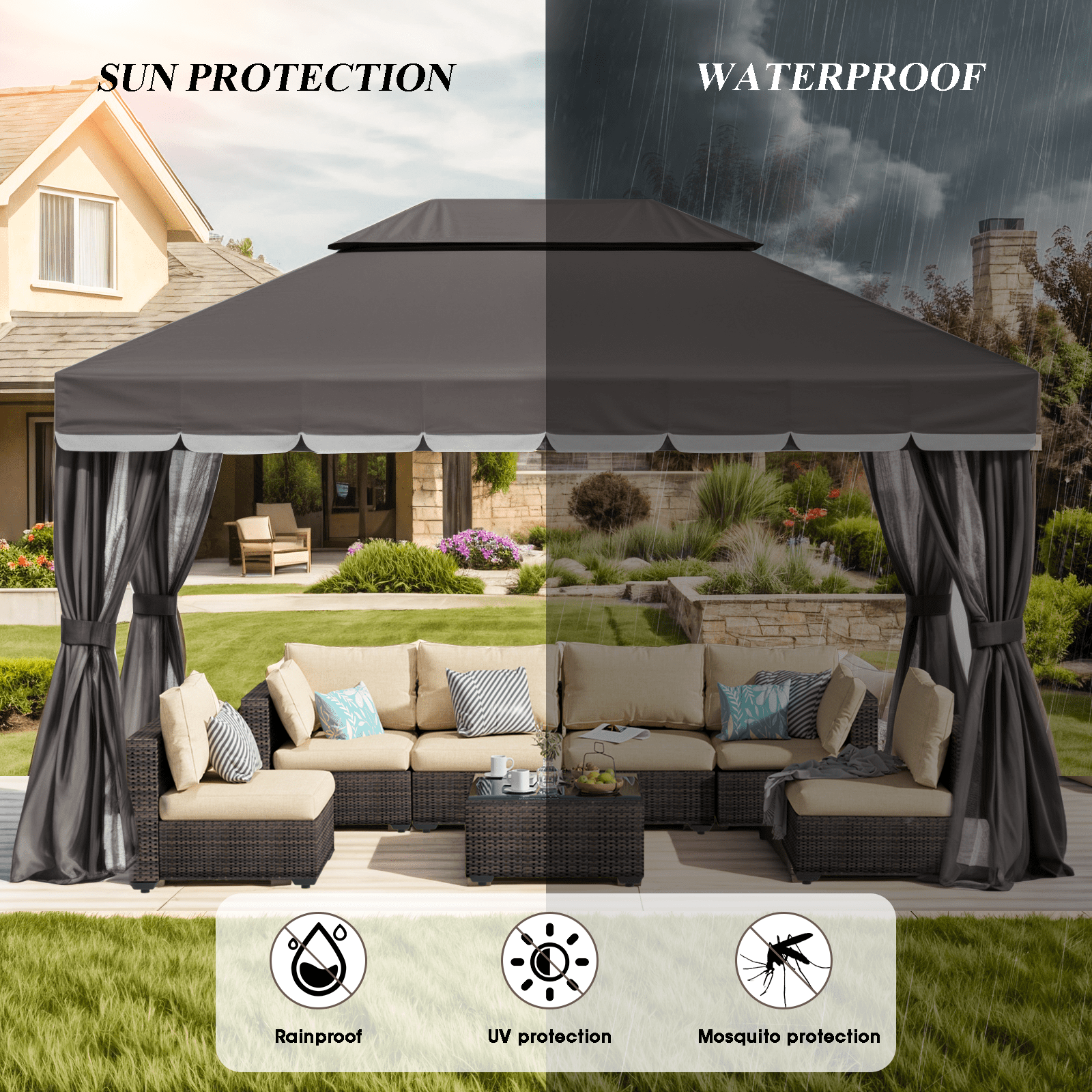 Grezone 10×13 FT Deluxe No Screws\ Gazebo,Double Roof Outdoor Shelter Tent with Mosquito Nettings and Privacy Screens