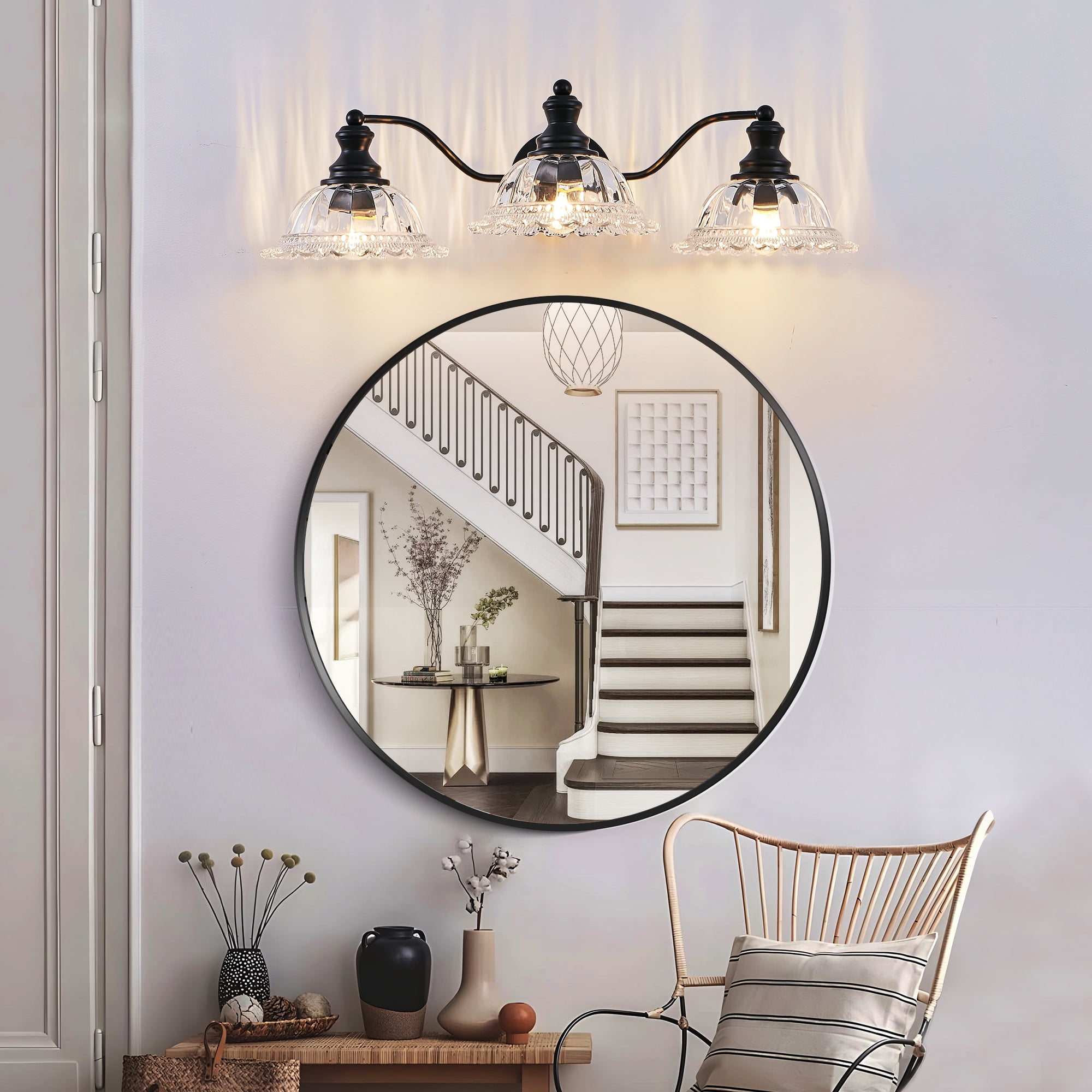 Vintage 3-Light Bathroom Vanity Light, Wall Sconce with Clear Glass Shades, Matte Black Finish Modern, 24-Inch