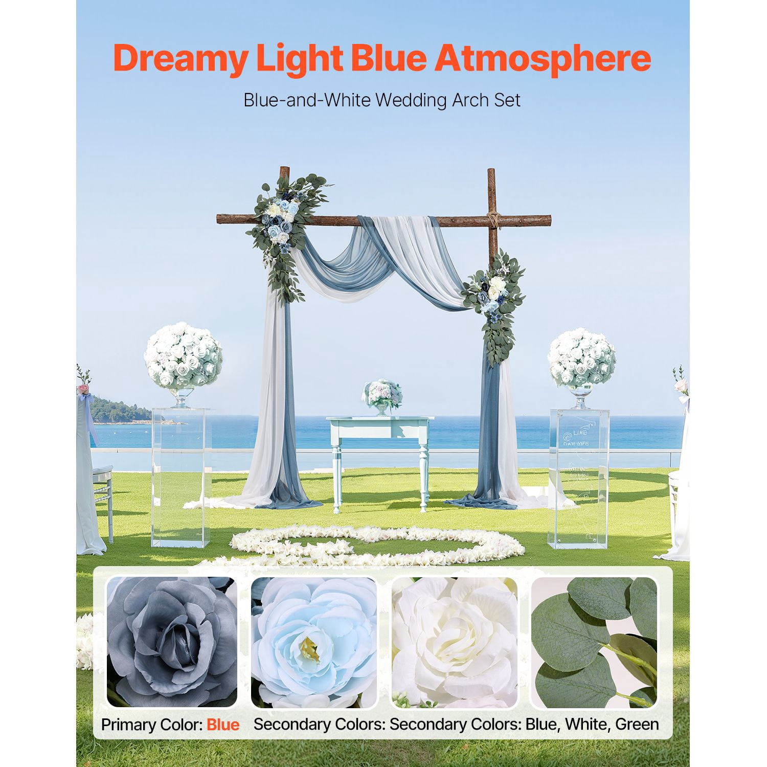 Artificial Wedding Arch Flowers Kit with 21ft Draping Fabric - 4-Pack Blue & White Ceremony Backdrop Decor for Wedding Arch