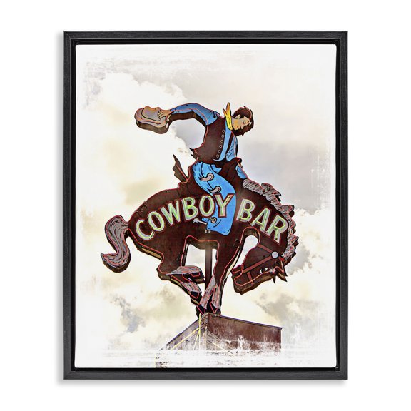Stupell Industries Eclectic Cowboy Bar Sign Black Floating Frame Canvas Art, 17 x 21, by Jerry Cowart