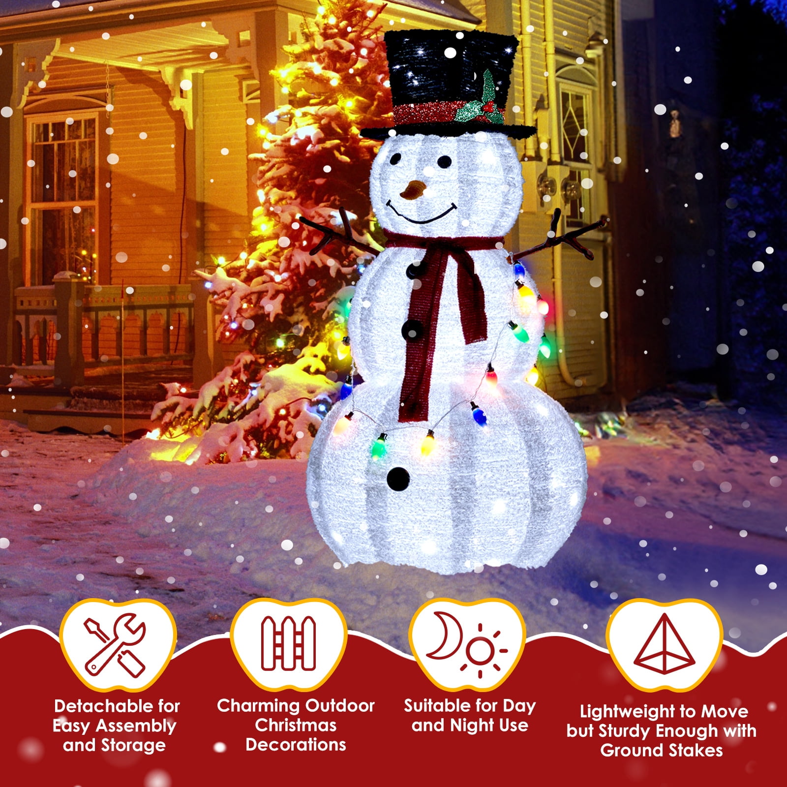 Astoutdoor 4 ft Lighted Snowman Christmas Yard Decoration, Pre-Lit Pull-Up Snowman with 100 White LEDs and Multicolor Light String, White