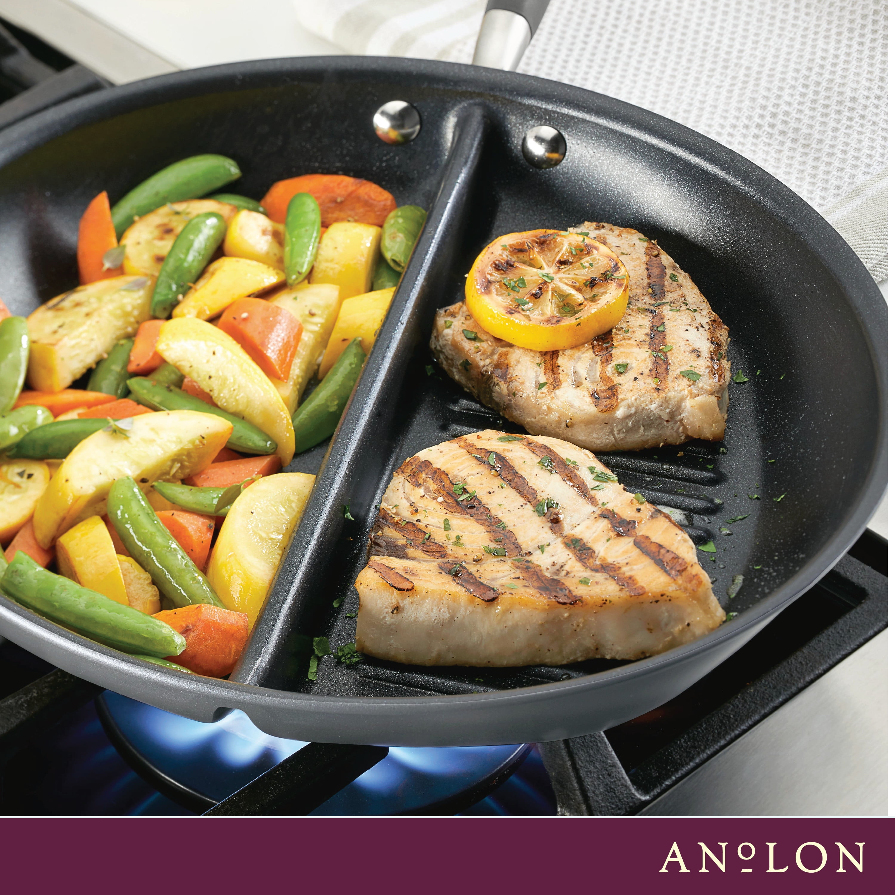 Anolon Advanced Home 12.5 Inch Hard-Anodized Nonstick Divided Grill and Griddle Pan, Moonstone