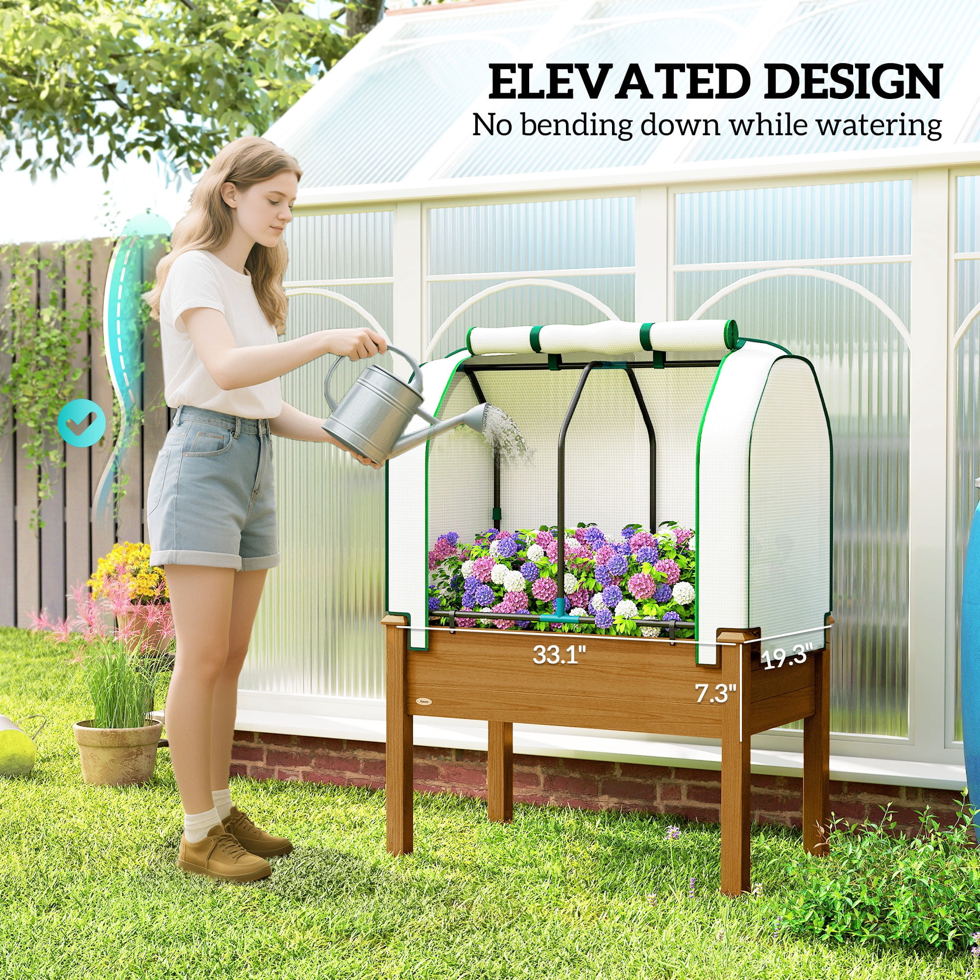 Outsunny Raised Garden Bed with PE Greenhouse Cover Outdoor Elevated Wood Planter Box for Herbs, Vegetables, for Patio, Backyard, Balcony, Brown