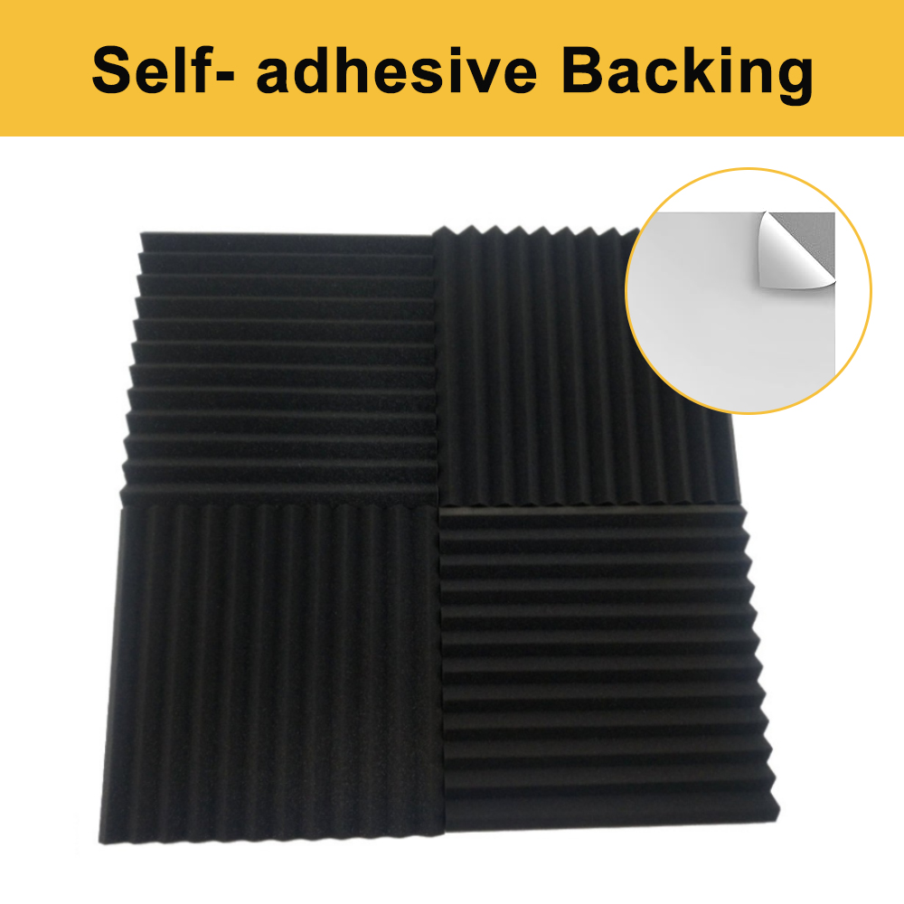Sound Absorbing Noise Dampening Acoustic Self-adhesive Panel Wall Treatment 1" x 12" x 12", Black Triangular Groove, 12-pack