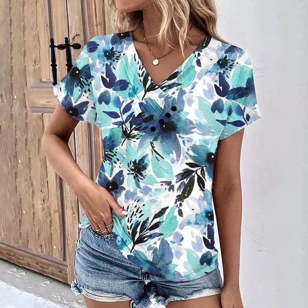 Fiudx Camisetas para Mujer Top de Primavera/Verano de Manga Corta Informal de Moda con Cuello En V para Mujer