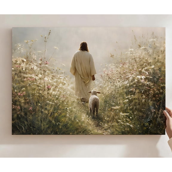 Jesus The Good Shepherd With Lamb Canvas Wall Art, Christian Faith Decor, Serene Wildflower Meadow Biblical Artwork For Home Chapel, Living Room, Bedroom, Ready To Hang 8*12inch(20*30cm)