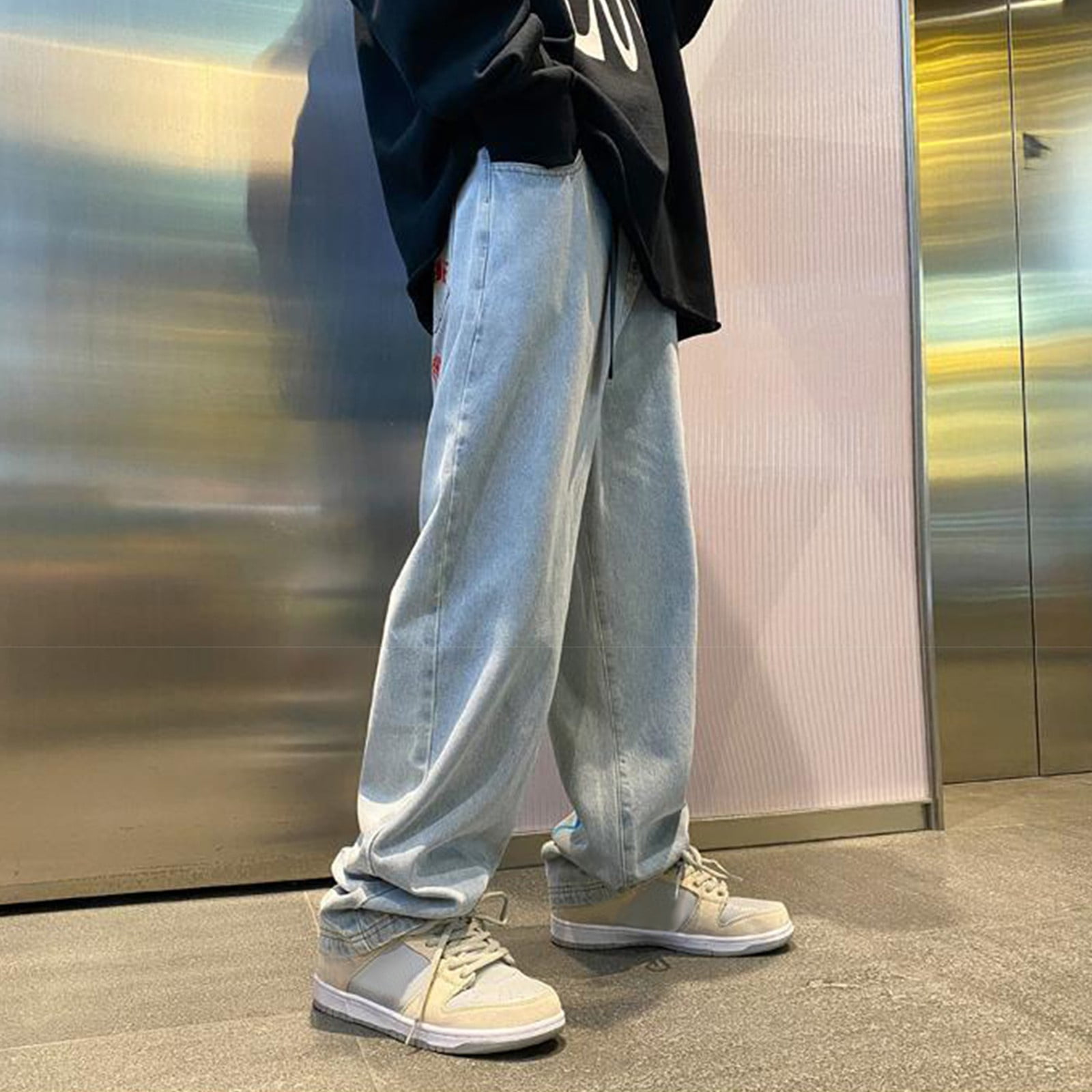 nsendm Mens Pants Adult Male Pants Simple L European and American High Street New Street Style Trousers Embroidered Jeans Jean Regular Fit Blue L Walmart
