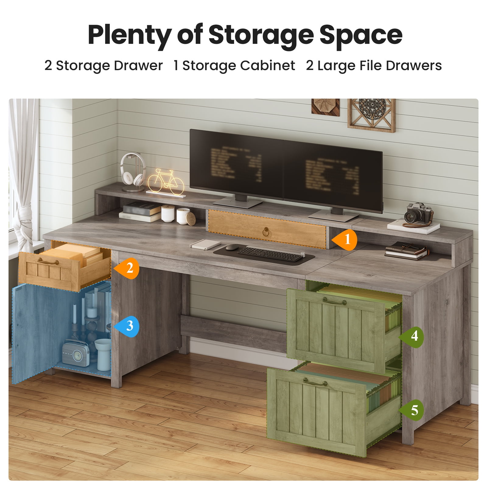 Executive Desk, 63" Farmhouse Desk with Storage, Home Office Desk with Drawers and Cabinet, Wood Desk with Monitor Stand, Rustic Writing Desk Study Table, Elegant Computer Desk with File Drawer, Grey