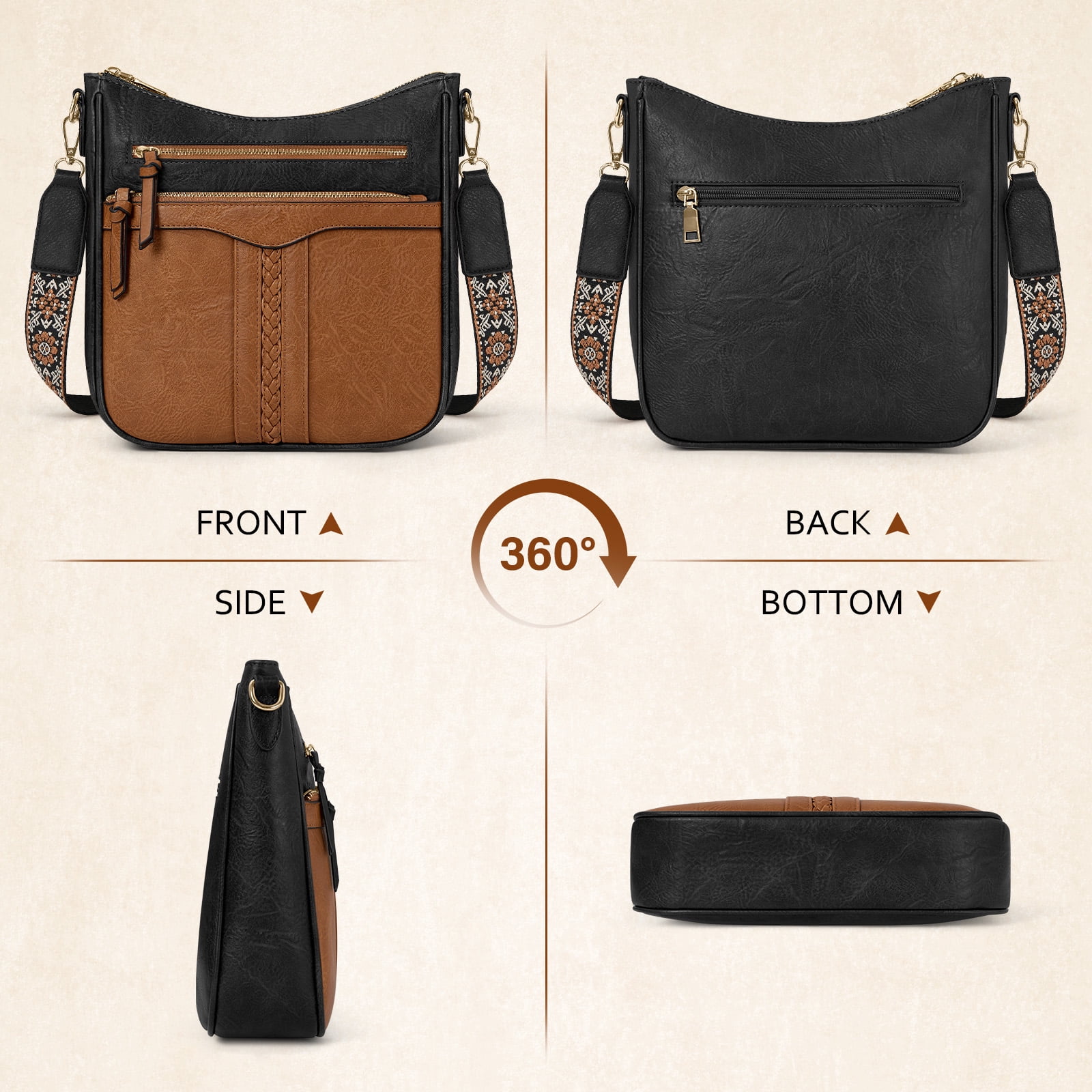 RAINSMORE Crossbody Bags for Women Leather Shoulder Handbags Trendy Crossbody Purses Soft Lightweight Travel Purse,BlackBrown