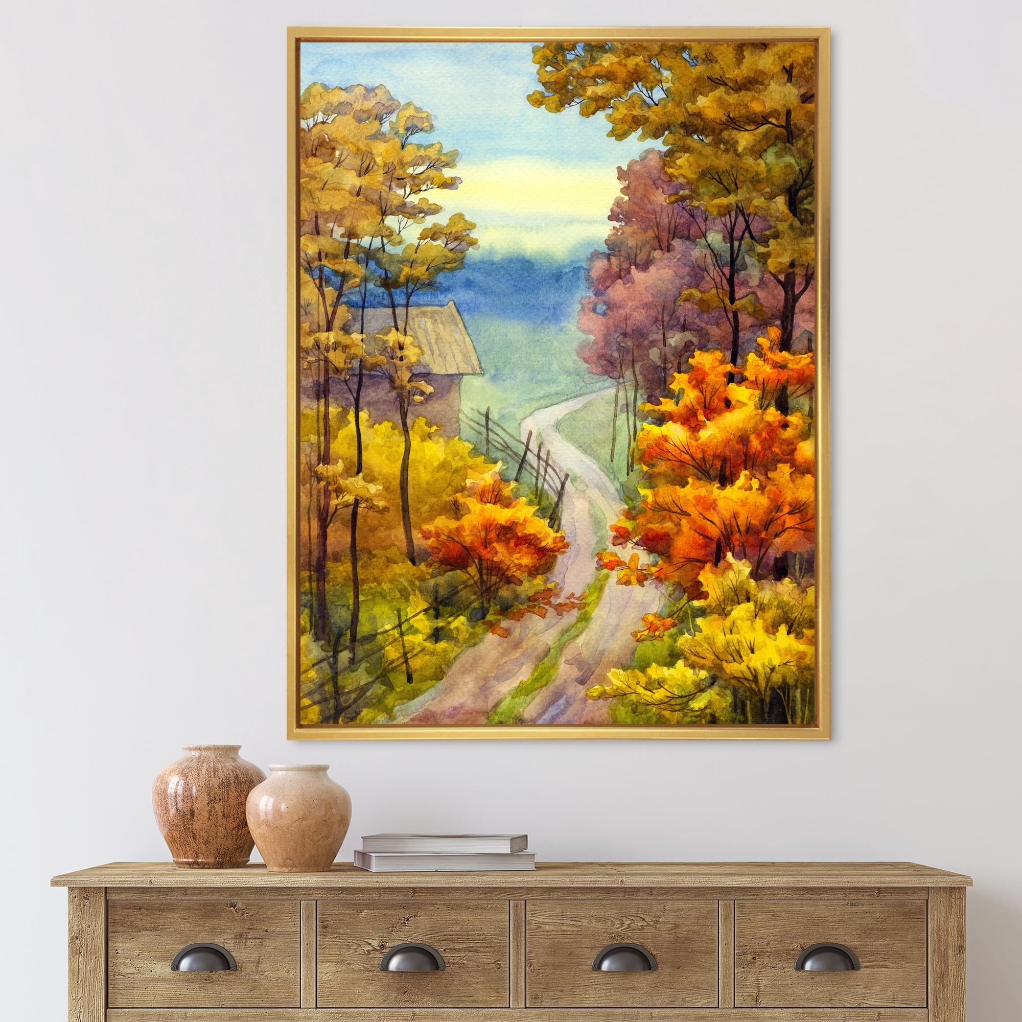 Designart 'Little Road Through VIbrant Autumn Scene' Lake House Framed Canvas Wall Art Print