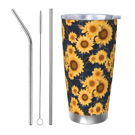 

Qekee Navy Blue Plaid Sunflower Print 20OZ Car Cup Stainless Steel Vacuum Insulated Tumbler Tumbler Cup With Lid And Straw Travel Coffee Mug-Straw Three-piece Set