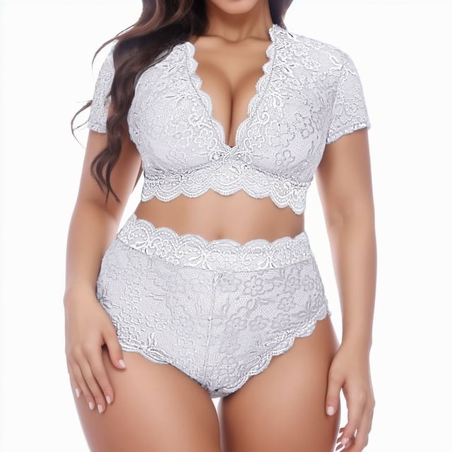 Plus Size Lingerie Set V Neck High Waist Floral Lace Bra with Panty Two Piece Comfortable No Underwire Design