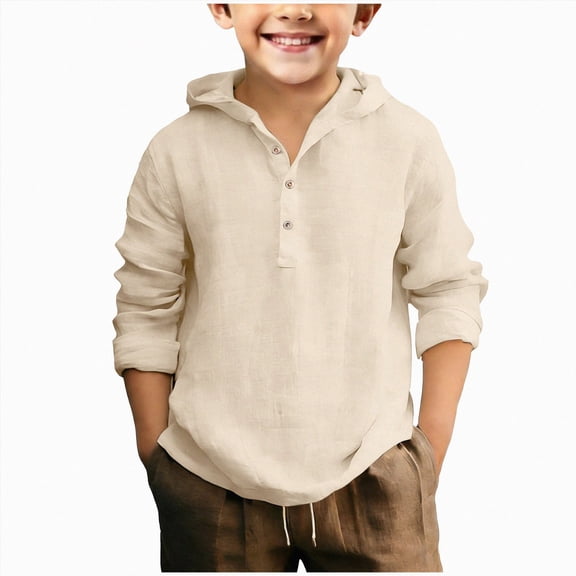 JUMEYU Boys Cotton and Linen Hooded Shirts Uniform Long Sleeve Tops Fall Casual Comfy Button Down Preppy Shirt for Boys Size 13-14 (Beige,13-14 Years)