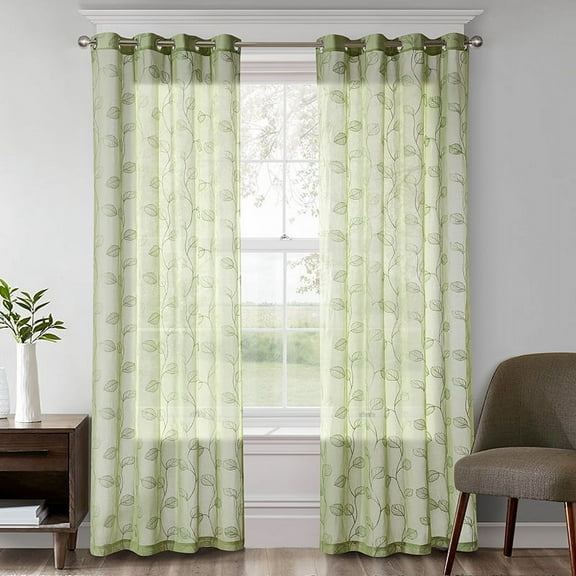 Sunyuer Sheer Curtains Floral Embroidery Drapes, 63 inch Voile Light Filtering Window Curtain Set for Living Room Bedroom, 2 Panels, Green