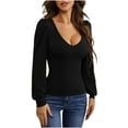thumbnail image 2 of Womens Bodysuit Long Sleeve V Neck Body Suit For Women Puff Sleeve Ribbed Bodysuits Shirts Black XL, 2 of 8