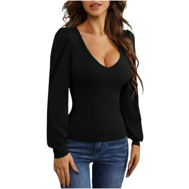 aidice T-Shirts pour Femmes Décontractés Col Bas Manches Longues Bouffantes Ajustés Hauts Confortables Automne Tendance