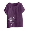 thumbnail image 4 of Lydiaunistar Womens Spring Tops Plus Size Casual Printed Short Sleeve Button Blouse Round Neck T-Shirt Lightweight Polyester Purple, 4 of 4