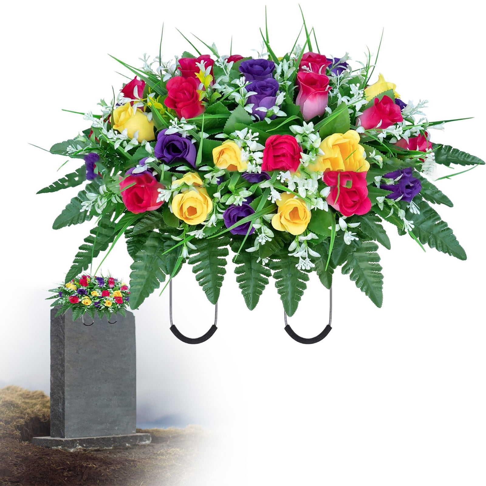 Headstone Flowers Artificial Cemetery Flower Saddle 34 Rose Bouquet Non Fading Memorial Flowers for Grave Decoration, Weather Resistant Saddle Floral Arrangement Outdoor Gravesite Decor