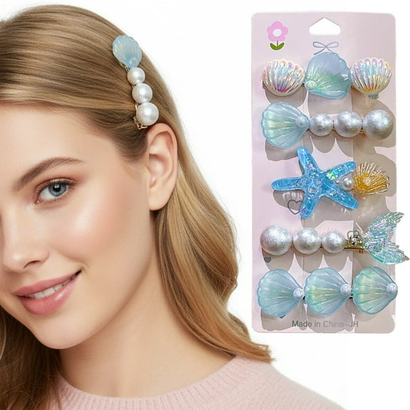 Crusward 5Pcs Mermaid Hair Clip Set, Shiny Shells Pearl Head Pieces Princess Hair Accessories for Toddler Little Girl Birthday Party Gifts