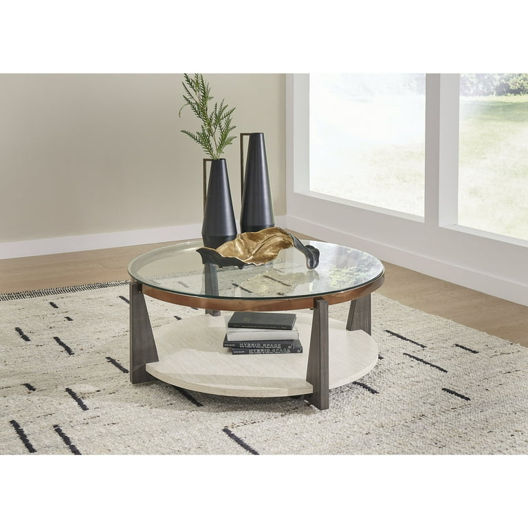 Signature Design by Ashley Frazwa Round Glasstop Coffee Table Gray Brown Gold