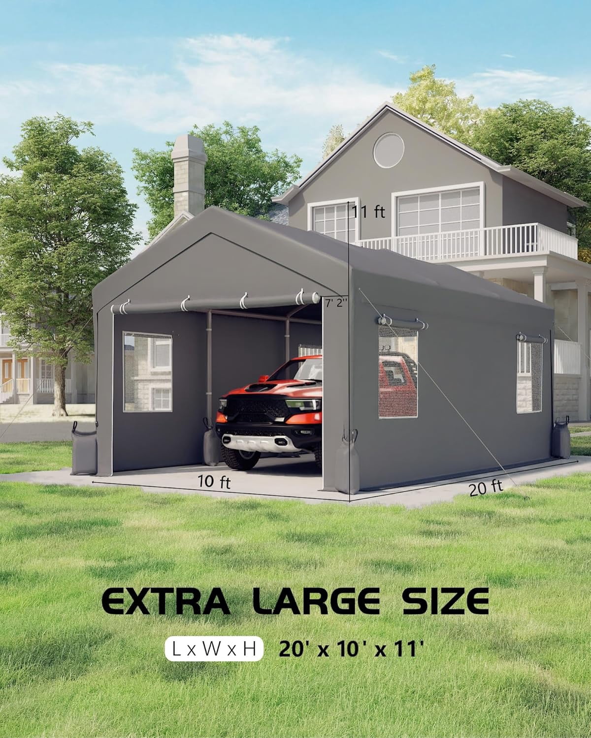 Kojooin 10' x 20' Heavy-Duty Carport, Portable Garage, 180g PE Waterproof Canopy and 8 x 1.0 mm Poles for Full-Size Pickup Trucks, Boats, and SUVs - Gray