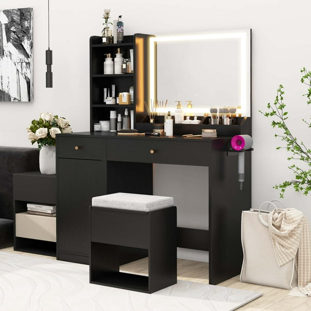 Costway Ensemble Coiffeuse et Chaise avec 3 Modes d'Éclairage et Miroir avec Lumières Noir