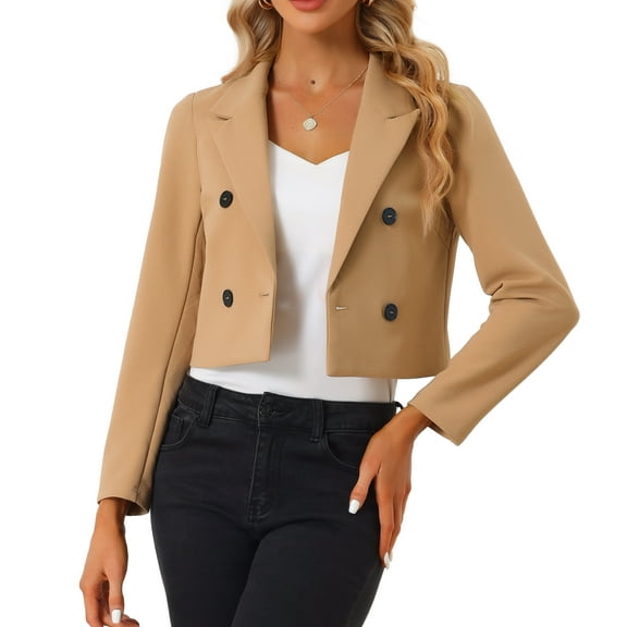 DARING DIVA Women's Notched Lapel Collar Office Cropped Blazer Jacket L Khaki