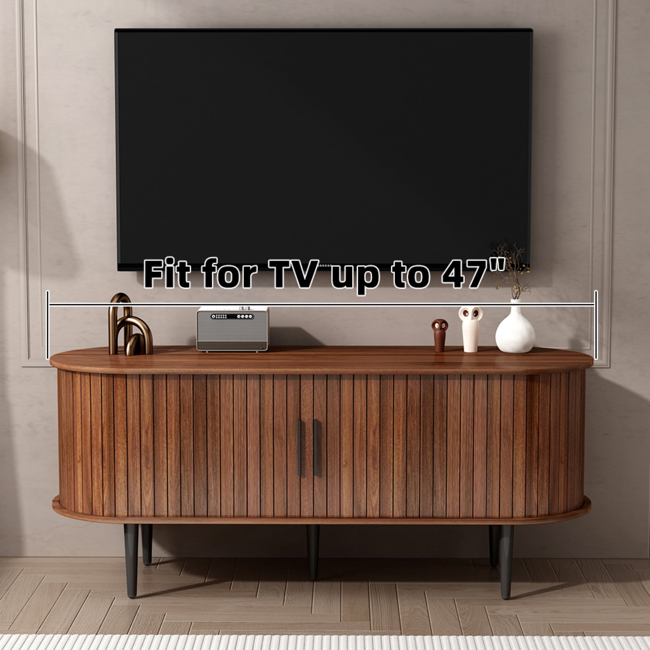 Atumcto 47" Wooden TV Stand, Modern Entertainment Center with Storage Compartment and Sliding Door, Walnut Finish