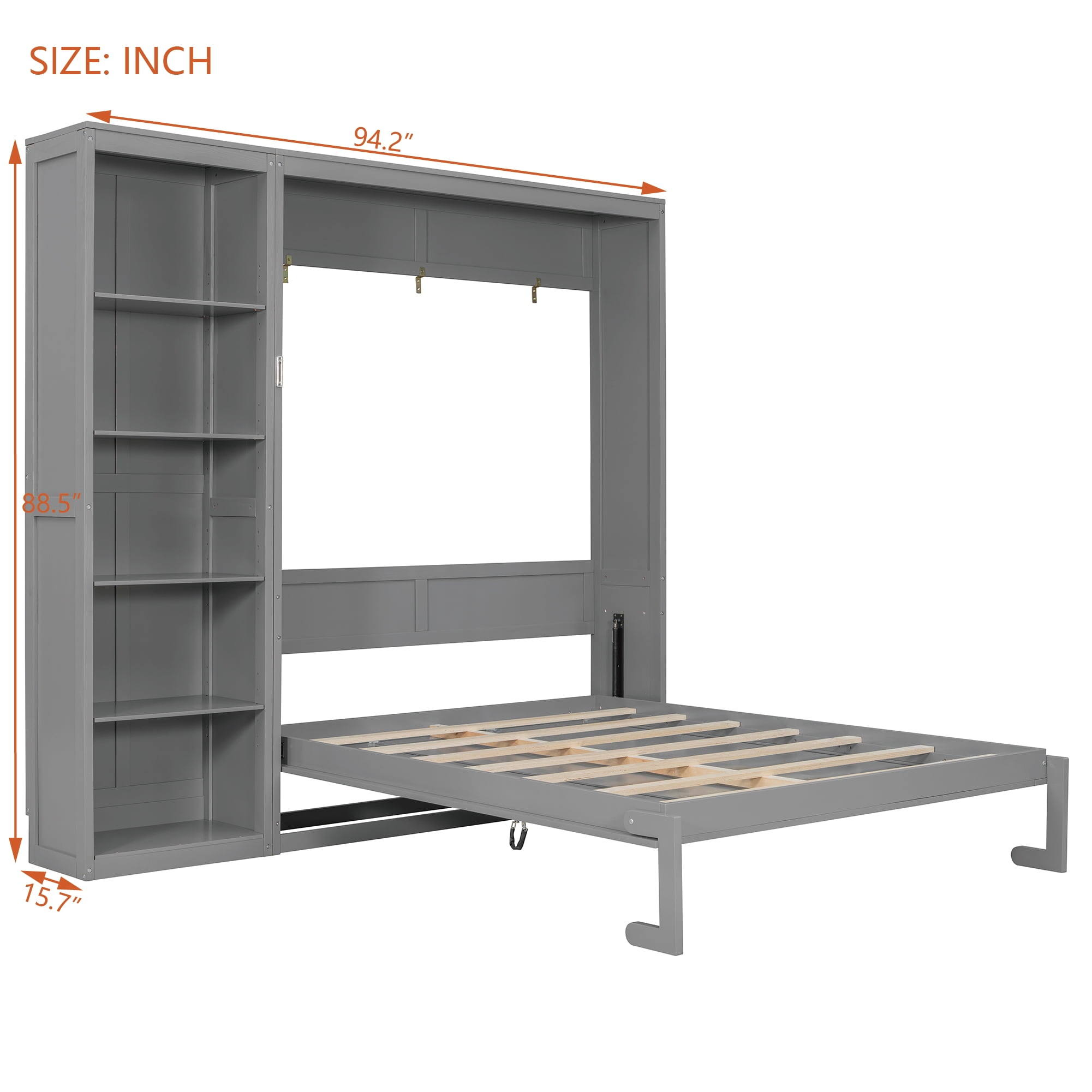 Queen Size Murphy Bed with 5 Tier Open Storage Adjustable Shelves for Space-Saving Guest Room