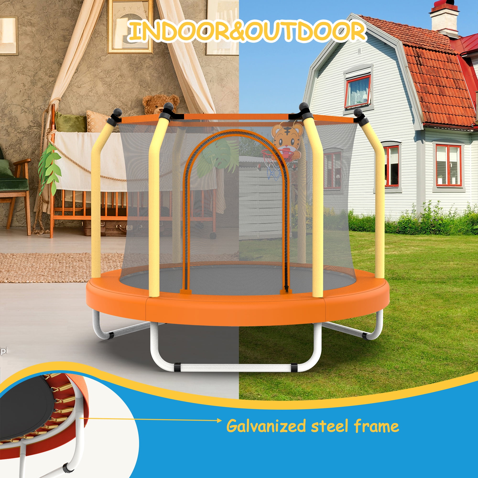 LIZEVINC 55-Inch Outdoor Toddler Trampoline with Enclosure Net, Mini Round Trampoline for Kids with Basketball, Small Trampoline Gifts for Boy and Girls,Yellow
