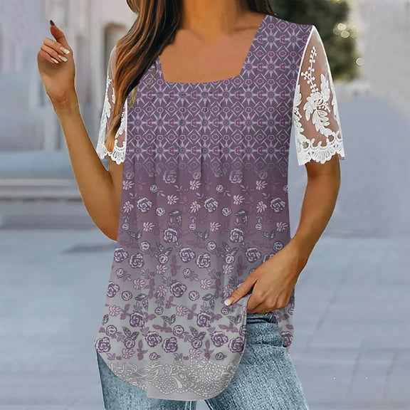 Wycnly Womens Tops Dressy Casual Elegant Lace Patchwork Loose Flowy Pleated Swing Tunic Tees Shirts Summer Short Sleeve Round Neck Tops Floral Print Blouse Purple XXL