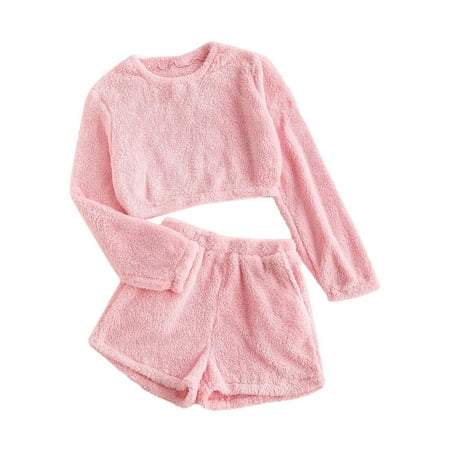 

Womens Long Warm Fleece Pajamas Suit Shorts Set Winter Thermal Sleepwear 2Pcs
