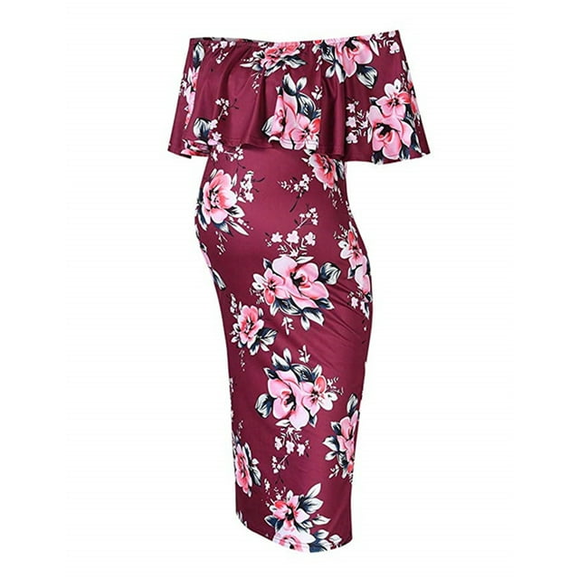 Womens Maternity Sleeveless Print Dress Off Shoulder Casual Maxi Dress