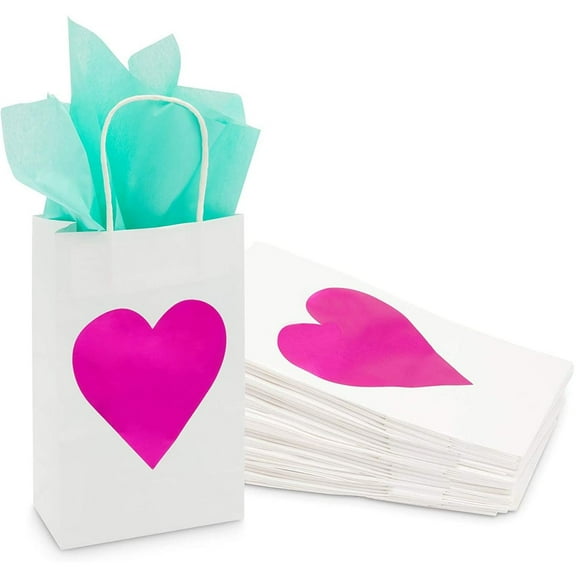 24 Pack Small Pink Heart Paper Gift Bags with Handles for Valentines & Mothers Day Party Favor Goodie, White, 8.65 x 5.25 x 3.15 in