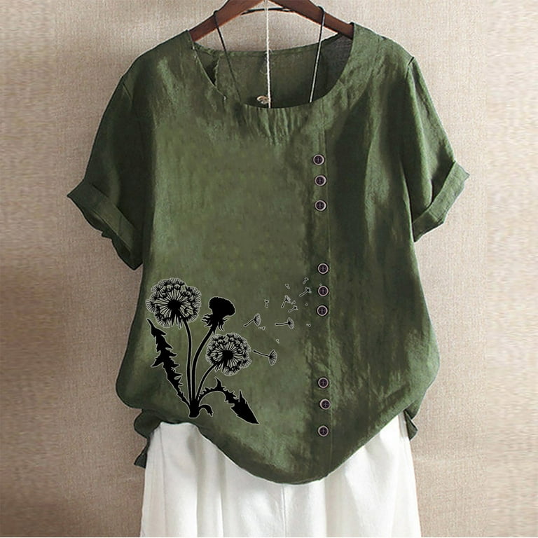 Cotton Short Sleeve Print Round Neck Embroidery Plus Size Tops Cotton Short Sleeve Print Round Neck Embroidery Plus Size Tops