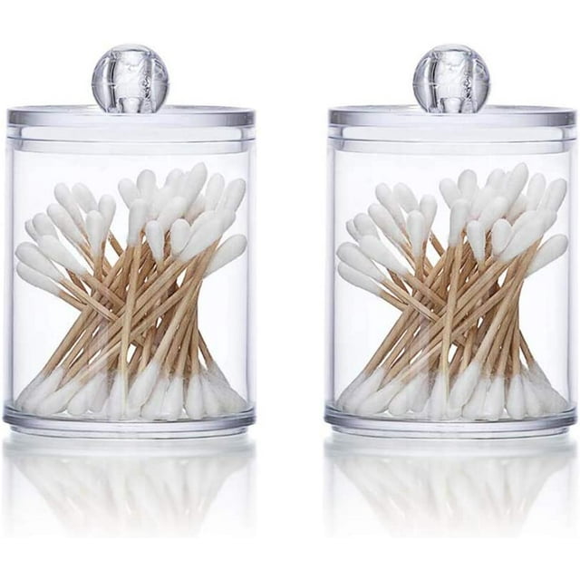 2Pcs Clear Acrylic Cotton Swab Holder with Lid Plastic Makeup Cotton Pad Container Organizer Apothecary Jars Bathroom Container for Cotton Ball Cotton Rounds