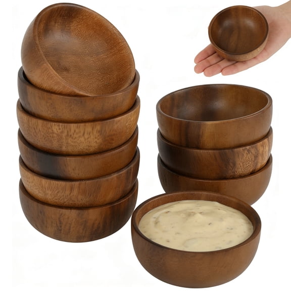 10 PCS Acacia Wooden Dip Bowls, 3.1 x 1.4 in Small Round Wood Sauce Bowls for Dips Nuts Snacks Appetizers, Natural Acacia Serving Containers for Home Kitchen Table Display