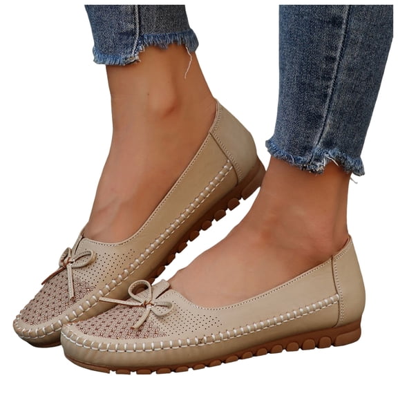Women's Vintage Leather Loafers Breathable Bowknot Low Top Non Slip Dress Shoes Hollow Out Slip On Tennis Shoes Brown Size 8